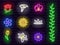 Collection of colorful neon flowers and entertainment font and icons