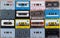 Collection of colorful old audio cassette tape on wooden background