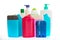 Collection of colorful plastic bottles and containers of hygiene products