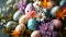 A collection of colorful speckled Easter eggs surrounded by various types of blooming flowers, Easter eggs are painted