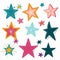 Collection colorful stars, various sizes shapes. Handdrawn style stars, vibrant colors, doodlelike