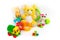 Collection of colorful toys on white background