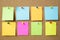 Collection of colorful variety post it. paper note reminder sticky notes pin on cork bulletin board Note reminder. empty space for