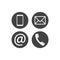 Collection of communication symbols. Contact, e-mail, mobile phone, message icons. Flat circle buttons. Vector illustration