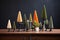 a collection of conical mini topiaries on a black table
