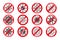 Collection of coronavirus, ncov, covid - 19 logos. Warning signs. Virus cartoon icons. Red stop symbols. Vector bacteria