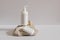 Collection of cosmetic products on beige background. White plastic pump bottle for shampoo, lotion mockup on stone