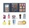 Collection of cosmetics: lipstick, lip gloss, shadows, mascara, perfume, cream.