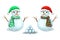  collection of couple snowmen with snowballs, isolated on white background. Cute smiling snowmen set in santas hats and