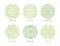 Collection of curved circular oriental ornaments drawn with green contour lines on white background. Bundle of round