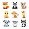 Collection of cute animals including fox, panda, cat, pony, monkey, giraffe, koala, sheep and raccoon.