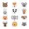 A collection of cute animals for kids. Vector image of a bear, fox, mouse, rabbit, panda, giraffe, cat, elephant, dog, deer, lion,