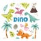 Collection of cute baby dinosaurs. Hand drawn brontosaurus, tyrannosaurus, pteranodon, pterodactyl, triceratops