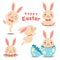 Collection of cute cartoon Easter bunnies and cracked egg. Vector illustration