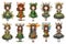 Collection of cute cartoon little druid girls, forest elves standing in a row, fantasy characters with deer antlers, isolated on