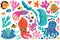 Collection of cute cartoon marine creatures in bright childish style. Flat simple style vector