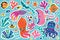 Collection of cute cartoon marine creatures in bright childish style. Flat simple style vector