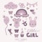 Collection of cute clipart elements for girl baby shower and gender party. Objects in trendy doodle and cartoon styles. Pastel