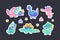 Collection of Cute Dinosaurs Stickers, Funny Colorful Prehistoric Creatures Patches Cartoon Style Vector Illustration