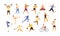 Collection of cute funny men and women performing various sports activities. Bundle of happy training or exercising