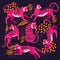 Collection of cute hand drawn bright pink tigers on purple background, standing, sitting, running and walking with exotic plants