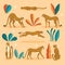 Collection of cute hand drawn cheetahs on pink background, standing, stretching, running and walking with exotic plants