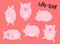 Collection of cute pigs on a red background with the word oink. Vector illustration for New Year, Christmas, prints, invitations,