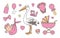 Collection of cute pink cartoon style illustrations for newborn baby girl, including stork, stroller, bottle and pacifier