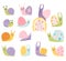 Collection of cute snails. Funny insects. Decorative snail characters on rainbow with hearts and flowers. Vector