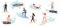 Collection of cute surfing people in swimwear surfing. Surfers with surfing board on summer beach and sea wave. Vector