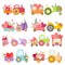 Collection of Cute Tractors with Carts Full of Flowers and Hearts, Colorful Agricultural Farm Transport Vector