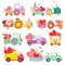 Collection of Cute Tractors and Trucks Full of Flowers and Hearts, Colorful Agricultural Farm Transport Vector