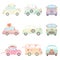 Collection of Cute Vintage Cars Decorated with Flowers, Hearts and Ribbons, Romantic Wedding Retro Cars, Front and Side