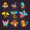 Collection of cute winged animals with a magic wands, fantasy fairy tale dog, cat, turtle, fox, snake, cow, fish, camel