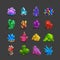 Collection of decoration icons for games. Set of cartoon crystals.