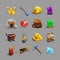 Collection of decoration icons for mining strategy game. Set of cartoon picking tools, stones, crystals, ores and gems.