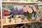 Collection of decorative elements with flowers on shelves