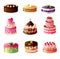 Collection of Delicious Cakes with Fresh Fruit and Berries, Sweet Tasty , Wedding or Birthday Desserts Vector Illustration