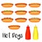 Collection of delicious hot dogs, mustard and ketchup on white background.