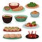 Collection of delicious Indian food, thali, green beans on wheat tortilla, tandoori, roti vector Illustration on a white