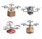 Collection of delivery drones with boxes and medical kit. Set of drones vector illustration graphic design. Modern