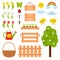 Collection of design elements on the theme of spring. Tulips, chickens, seedlings in a box, baskets, watering can. A set of vector