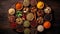 Collection of different aromatic spices and herbs in a wooden plates on dark background, view from above. Generative AI