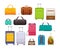 Collection different bags, suitcases, luggage. Plastic, metal, leather suitcases, bags.