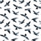 Collection of different birds position. Watercolor hand drawn seamless pattern with illustration of flock of crows and