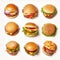 Collection of different burgers on white