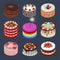 Collection of different cakes in isometric style. Cakes with strawberry, blueberries, blueberry, mint, chocolate, meringue, marshm