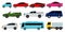 Collection of different cars. Sport car, vintage car, sedan car, cargo truck and bus. Vector illustration for automobile,