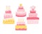 Collection of different festive cakes with pink cream and candles. Festive pastries for a wedding, birthday, anniversary