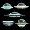 A collection of different flying saucers with burning flashing beacons. Space travel. Vector flat illustration